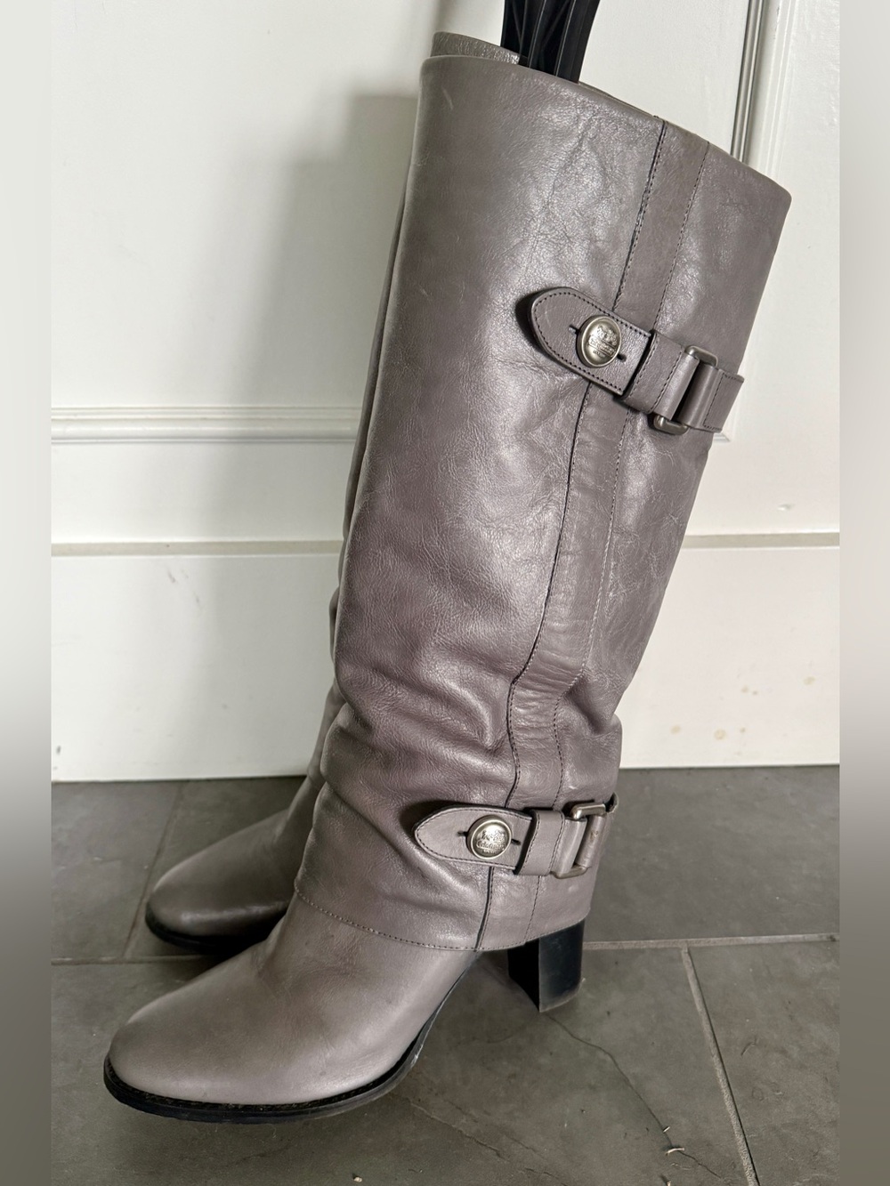 guc Coach Italian Gray grey Leather Mid-Calf Womens block heels Boots 7.5